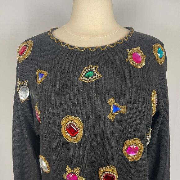 Vintage Sweater Womens Size Medium Black Rhinestone Embellished Bling Party 80s - Picture 2 of 13